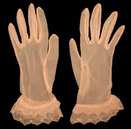 VINTAGE SHEER PINK NYLON GLOVES EYELET TRIM 1950’S 