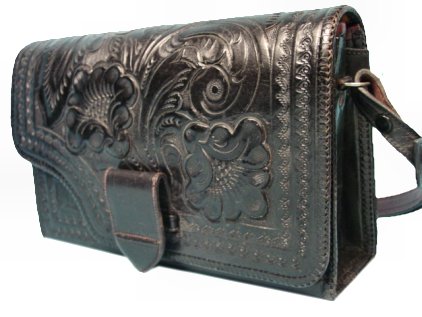 BLACK LEATHER HAND TOOLED  REVERSIBLE PURSE 1940S